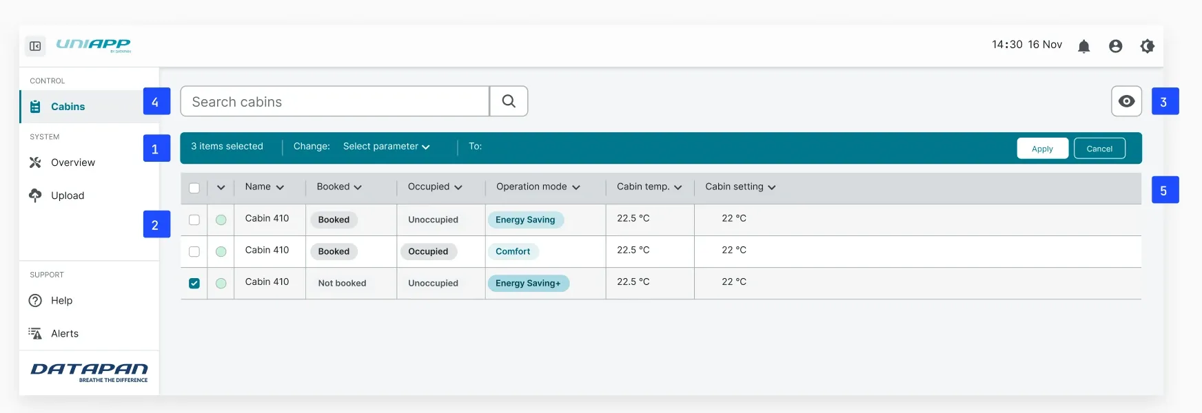 Annotated cabins list with bulk actions in UNIapp
