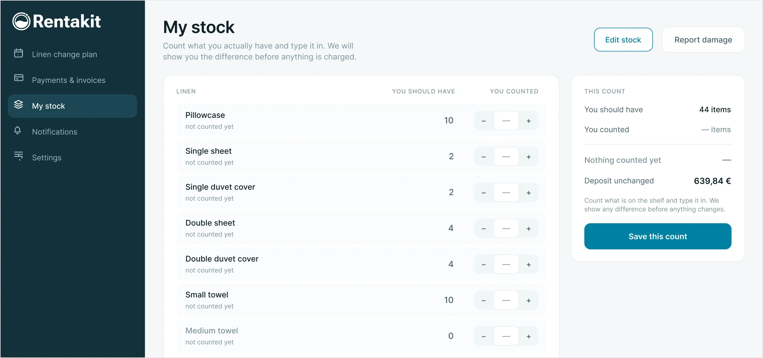Stock overview screen built from the customer's spreadsheet